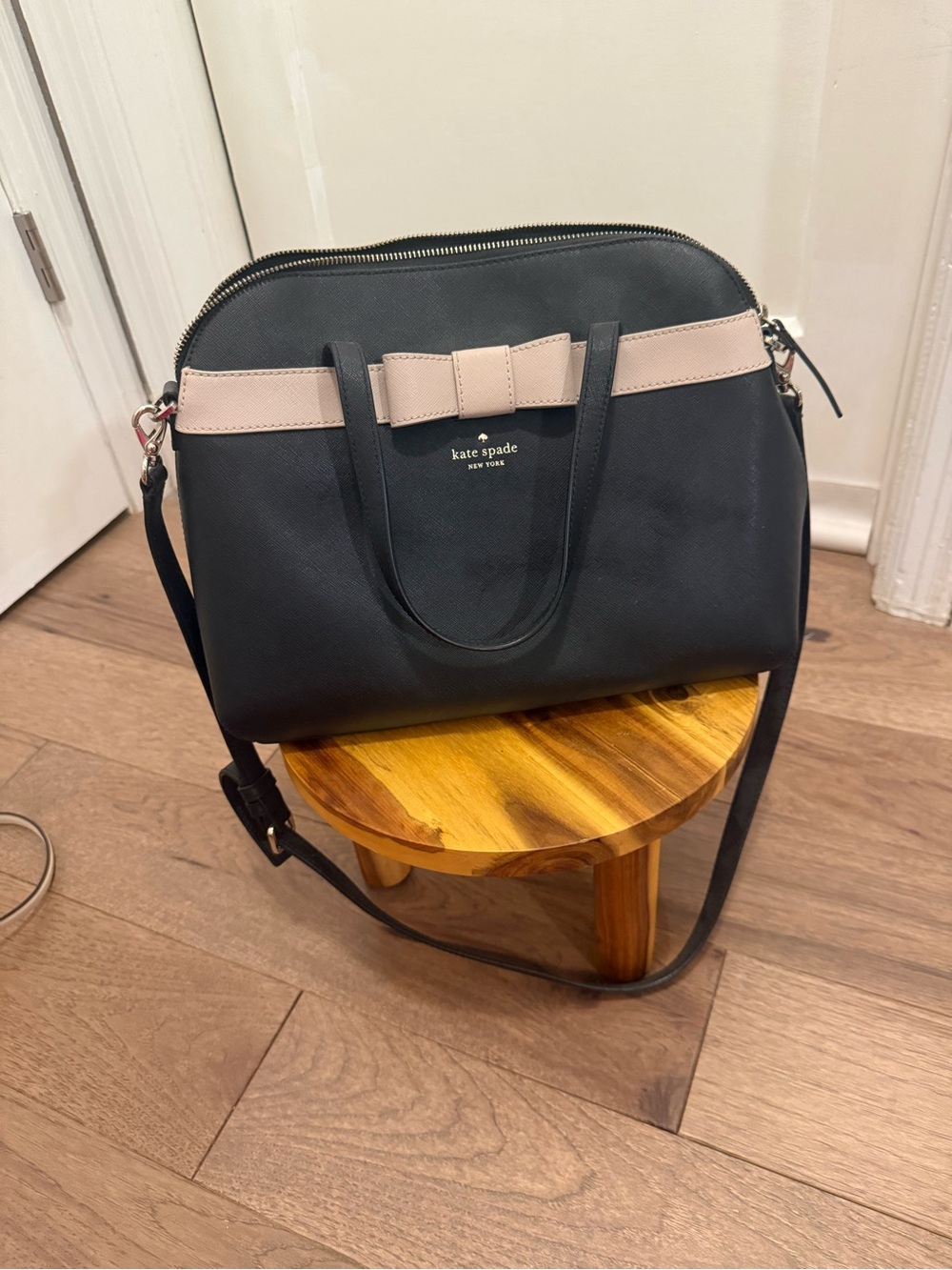kate spade Black and Blush Bow-Trim Satchel